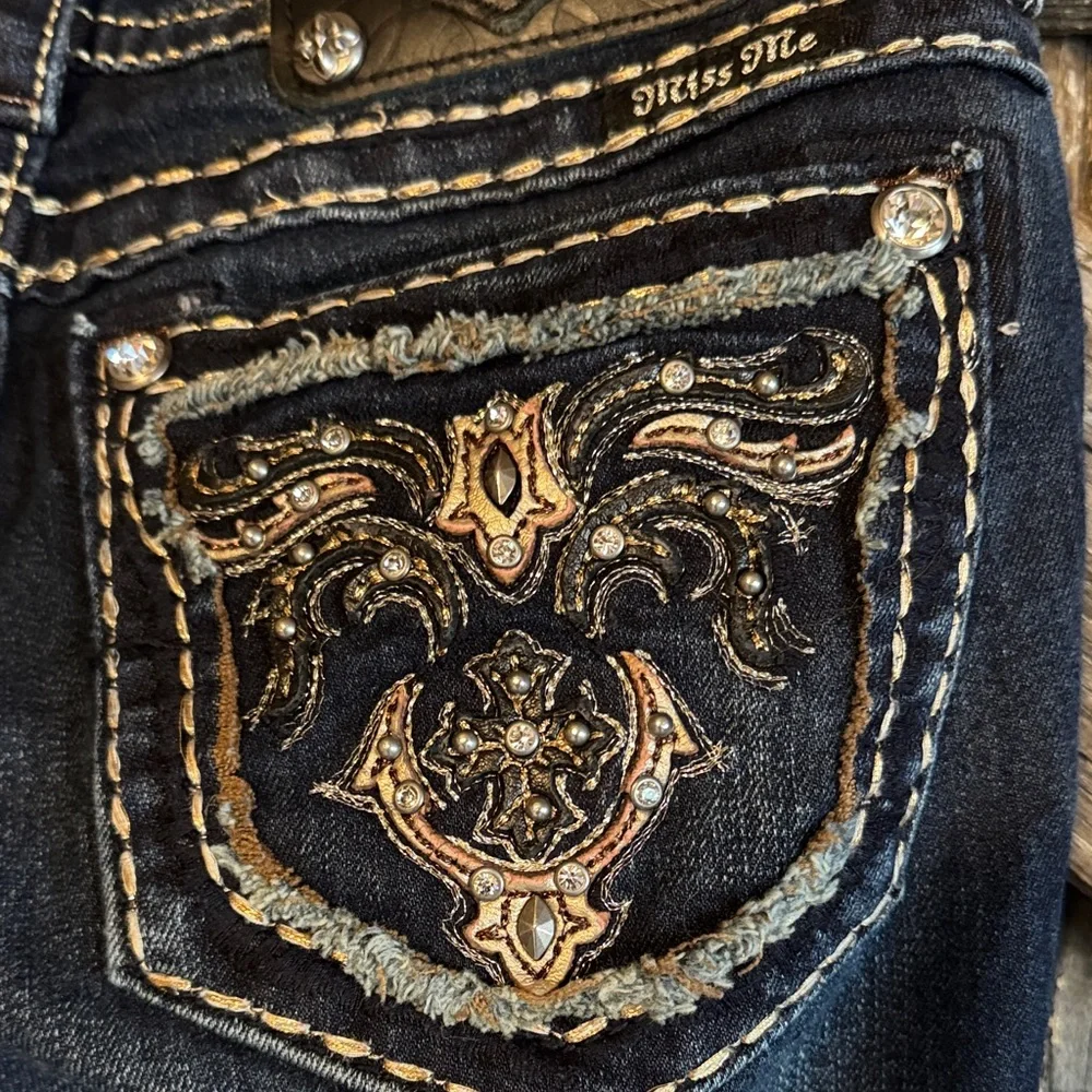 Miss Me Dark Blue Embroidered Bootcut Jeans with Gold Accents - Picture 4 of 12